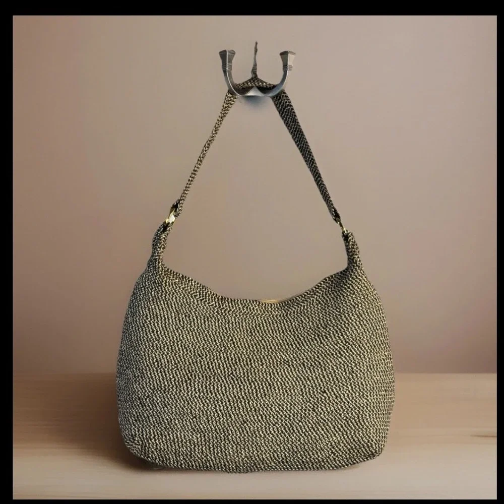 Orvis Woven Straw Hobo Shoulder Bag Black Tan Paper Blend Top Zip 1004564‎ 1P5
